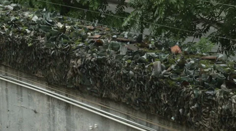 The broken glass topped wall at Hoa Lo Prison aka Hanoi Hilton in Hanoi Vietnam Stock-Footage 48245229