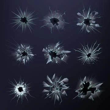 Broken glass vector realistic bullet holes in window shattered mirrow Stock Illustration