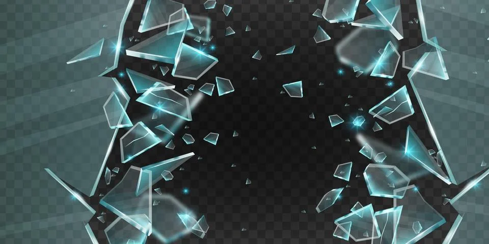 Broken glass vector shatter explosion, sharp ice fragments 3D splinters Stock Illustration