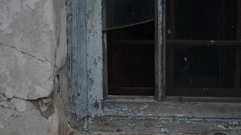 Broken Glass in a Wooden Window Frame With Peeling Paint Stock Footage 61481845