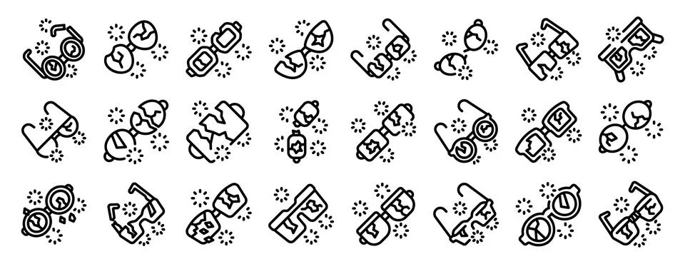 Broken glasses icon set. Broken glasses and fireworks celebrating new year .. Stock Illustration