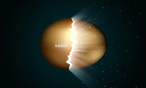 Broken golden easter egg giving birth to universe. Light from cracks easter egg Stock Illustration