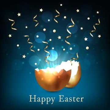Broken golden easter egg with light and confetti on a dark blue background 스톡 일러스트