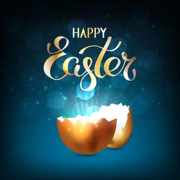 Broken golden easter egg rays of light on a dark blue background. Happy easter Stock Illustration