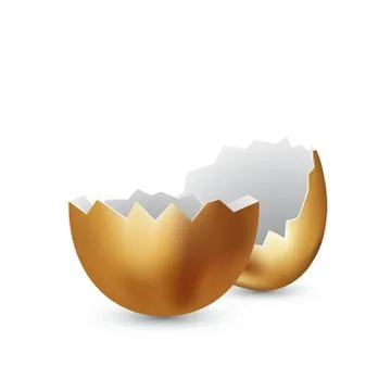 Broken golden easter egg on white background. Colored eggs. Cracked golden shell Stock Illustration