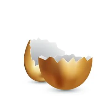 Broken golden egg white background. Cracked golden shell. Surprise gift concept Stock Illustration