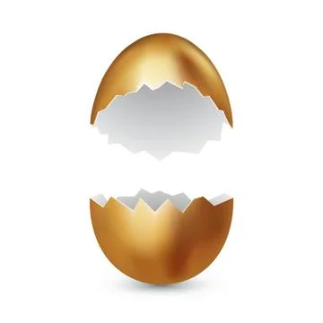 Broken golden egg on white background. Cracked golden shell. Broken egg isolated Stock Illustration