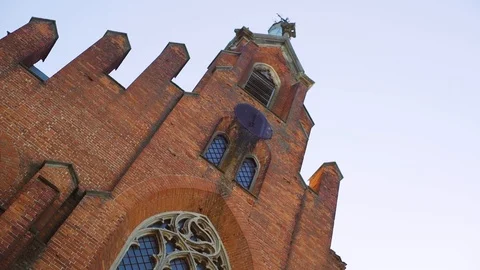 Broken Gothic Window of Abandoned Red Brick Church, Gothic Old Catholic Church Stock Footage 107785529