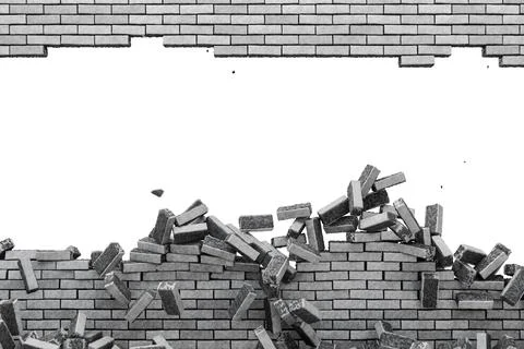Broken gray brick wall. Explosion of a brick wall. Large-scale destruction... Stock Illustration