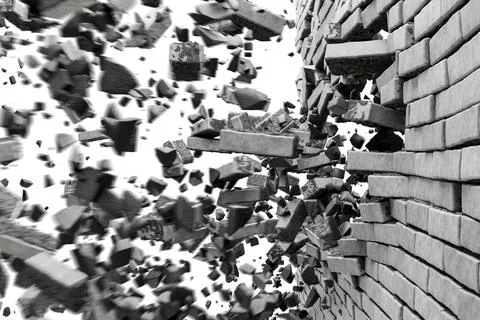 Broken gray brick wall, side view of flying debris and bricks. Brick wall e.. Stock Illustration