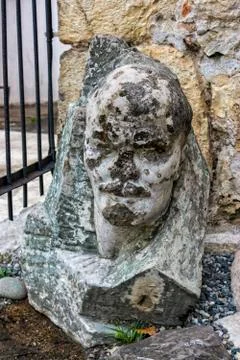 Broken head of old bust of Lenin on backyard Stock-Fotos