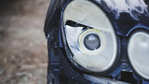Broken headlight as a metaphor for shattered self perception and inner damage Stock Photos