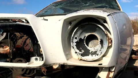Broken headlight. Outdated American car. Scrap car footage. Stock Footage 253131965