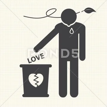 Broken heart and dropped Love into the trash. Vector Stock Illustration