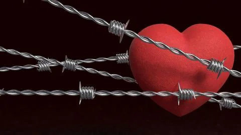 Broken Heart Behind Barbed Wire 3d render. Illustrazione stock