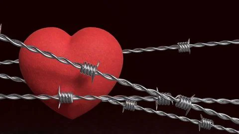 Broken Heart Behind Barbed Wire 3d render. Illustrazione stock