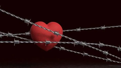 Broken Heart Behind Barbed Wire 3d render. Illustrazione stock