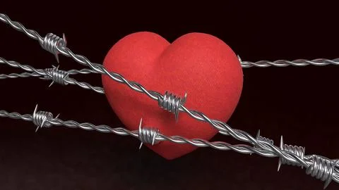 Broken Heart Behind Barbed Wire 3d render. Illustrazione stock