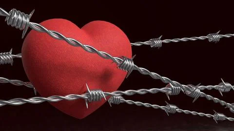 Broken Heart Behind Barbed Wire 3d render. Illustrazione stock