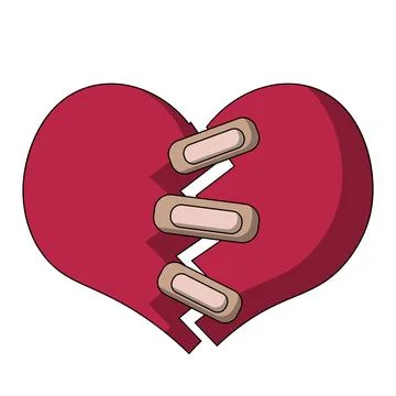 A Broken Heart connected by threads adhesive plaster in color Stock Illustration