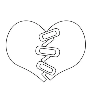 A Broken Heart connected by threads adhesive plaster in black and white Stock Illustration