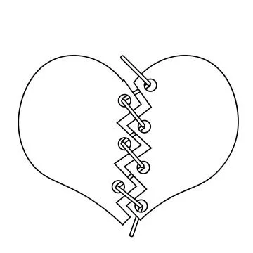A Broken Heart connected by threads in black and white Stock Illustration