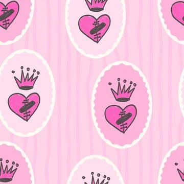 Broken heart with crown seamless pattern. Coquette urban marker endless Stock Illustration