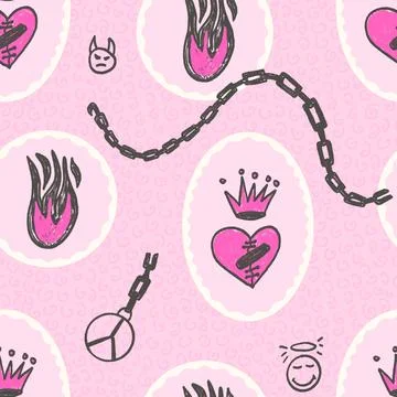 Broken heart with crown seamless pattern. Coquette urban marker flame, chain 库存插图