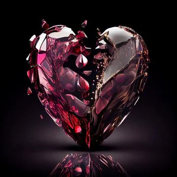 Broken heart made of ruby and gold isolated on black background. Stock Illustration