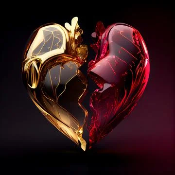 Broken heart made of ruby and gold isolated on black background. Illustrazione stock