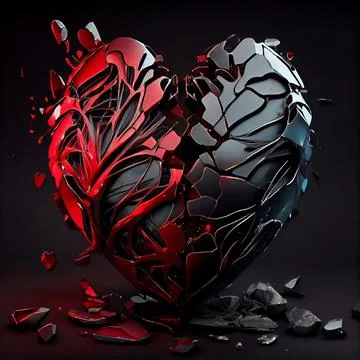 Broken heart made of ruby and black diamond isolated on black background. Stock Illustration