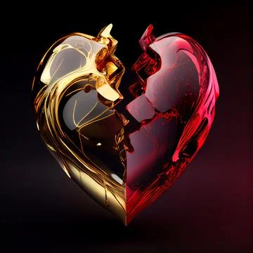 Broken heart made of ruby and gold isolated on black background. Stock Illustration