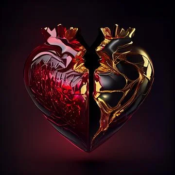 Broken heart made of ruby and gold isolated on black background. Stock Illustration
