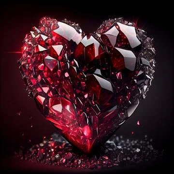 Broken heart made of ruby isolated on black background. Stock Illustration