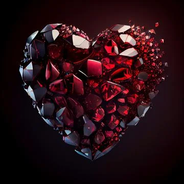 Broken heart made of ruby isolated on black background. Stock Illustration