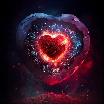 Broken heart made of ruby isolated on black background. Stock Illustration