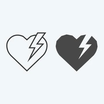 Broken heart symbol with lightning bolt inside, shown as outline and solid .. Stock Illustration