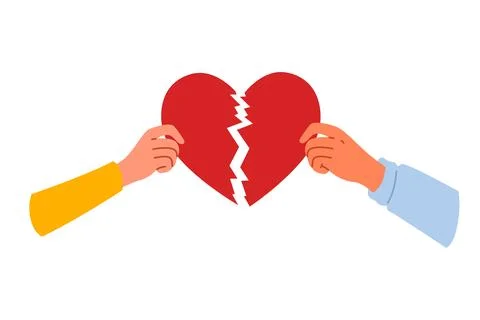 Broken heart symbolizing separation and destruction of relationships in hands of Stock Illustration