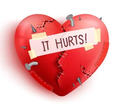Broken heart wounded in red color with stitches Illustrazione stock