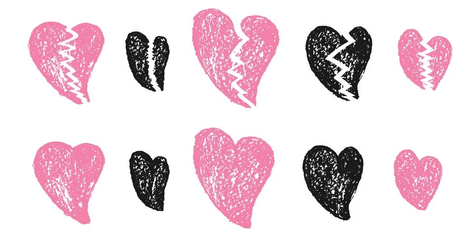 Broken hearts crayon drawn set. Breakup marker doodles isolated on white イラスト素材