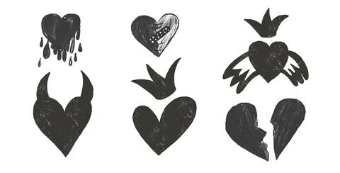 Broken hearts with crowns and devil horns crayon textured set. Breakup marker Stock Illustration