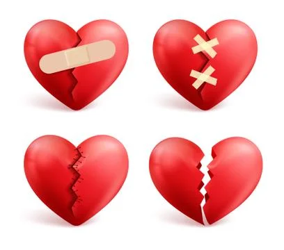 Broken hearts vector set of 3d realistic icons and symbols Stock Illustration