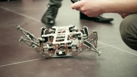 Broken hexapod DIY robot. 4K shot Stock Footage 73289138