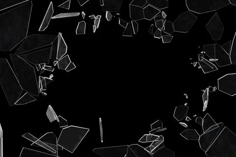 A broken hole in a window pane. Multiple shards of broken glass on a black ba Stock Illustration
