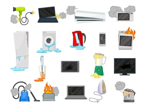 Broken Home Appliances and Electronic Device with Different Damage Big Vector Stock Illustration