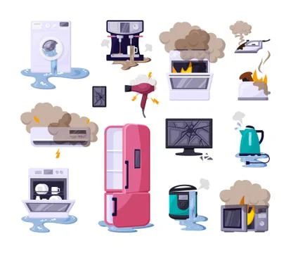 Broken home appliances flat vector illustrations set Stock-Illustration