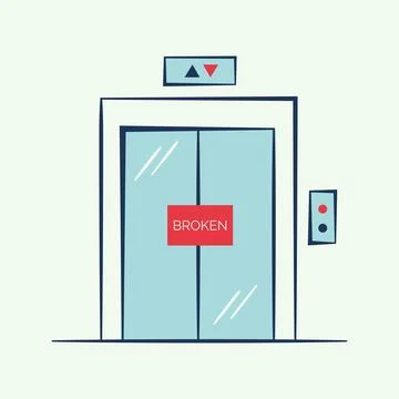 Broken home passenger elevator with warning sign. Device for lifting and Stockillustratie