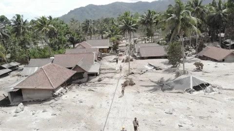 BROKEN HOUSE BECAUSE OF COLD LAVA IN RENTENG VILLAGE, LUMAJANG. Stock Footage 166812579