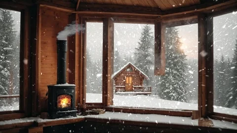Broken house, chimney place inside wooden cabin with window view to snow fall Stock Footage 260339104