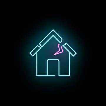 Broken house neon icon symbolizing damage and disaster Ilustración de archivo